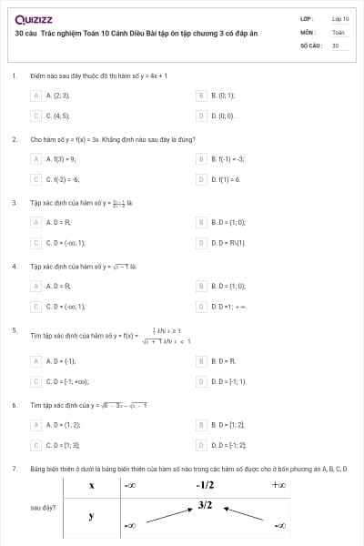 30 câu  Trắc nghiệm Toán 10 Cánh Diều Bài tập ôn tập chương 3 có đáp án