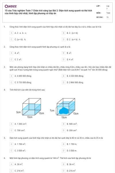 15 câu Trắc nghiệm Toán 7 Chân trời sáng tạo Bài 2: Diện tích xung quanh và thể tích của hình hộp chữ nhật, hình lập phương có đáp án
