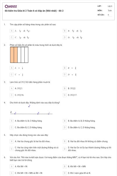 Đề kiểm tra Giữa kì 2 Toán 6 có đáp án (Mới nhất) - Đề 2