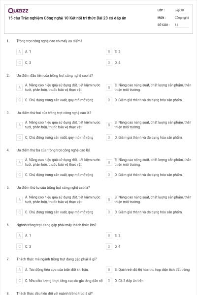 15 câu Trắc nghiệm Công nghệ 10 Kết nối tri thức Bài 23 có đáp án
