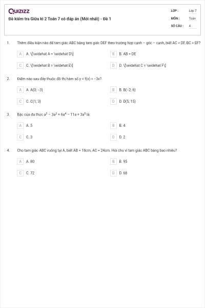 Đề kiểm tra Giữa kì 2 Toán 7 có đáp án (Mới nhất) - Đề 1