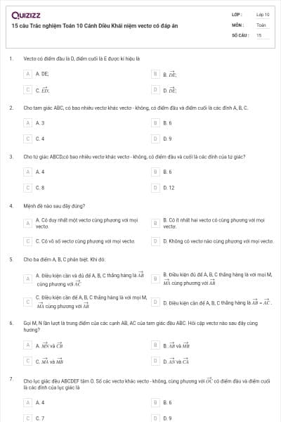 15 câu  Trắc nghiệm Toán 10 Cánh Diều Khái niệm vectơ có đáp án