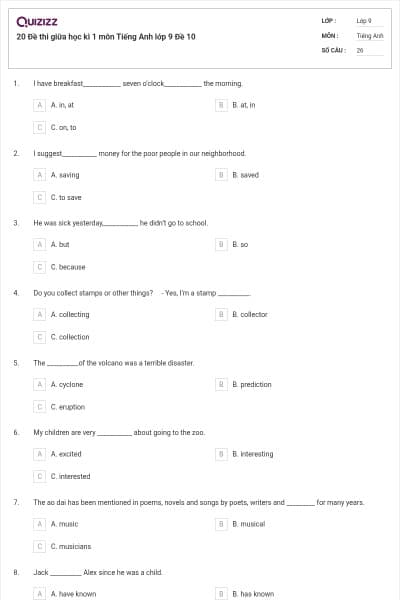 20 Đề thi giữa học kì 1 môn Tiếng Anh lớp 9 Đề 10