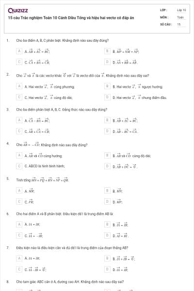 15 câu  Trắc nghiệm Toán 10 Cánh Diều Tổng và hiệu hai vectơ có đáp án