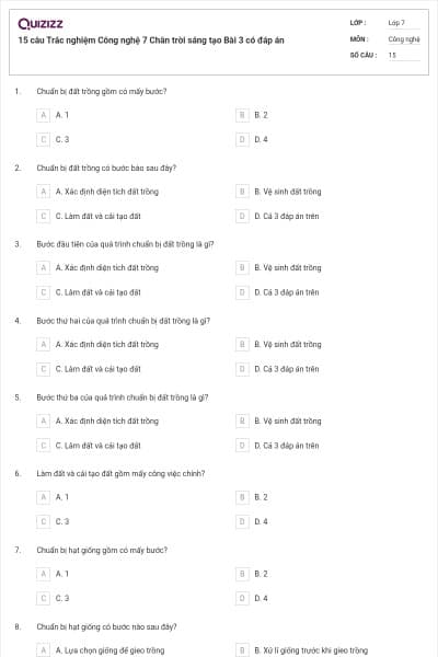 15 câu Trắc nghiệm Công nghệ 7 Chân trời sáng tạo Bài 3 có đáp án