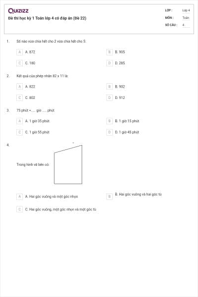 Đề thi học kỳ 1 Toán lớp 4 có đáp án (Đề 22)