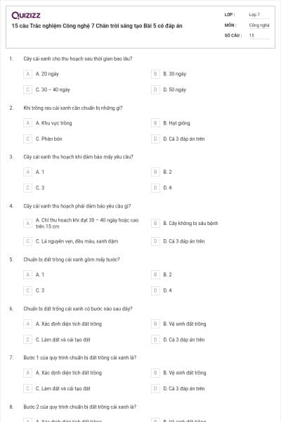 15 câu Trắc nghiệm Công nghệ 7 Chân trời sáng tạo Bài 5 có đáp án