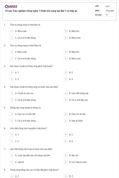 15 câu Trắc nghiệm Công nghệ 7 Chân trời sáng tạo Bài 7 có đáp án