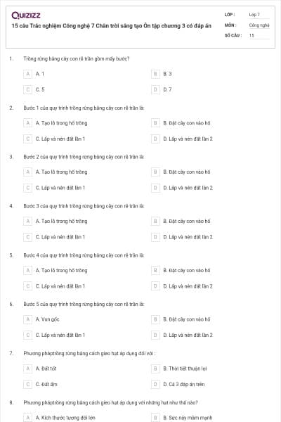 15 câu Trắc nghiệm Công nghệ 7 Chân trời sáng tạo Ôn tập chương 3 có đáp án