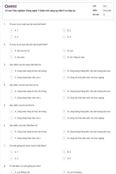 15 câu Trắc nghiệm Công nghệ 7 Chân trời sáng tạo Bài 9 có đáp án