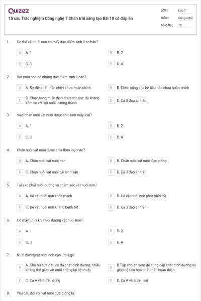 15 câu Trắc nghiệm Công nghệ 7 Chân trời sáng tạo Bài 10 có đáp án
