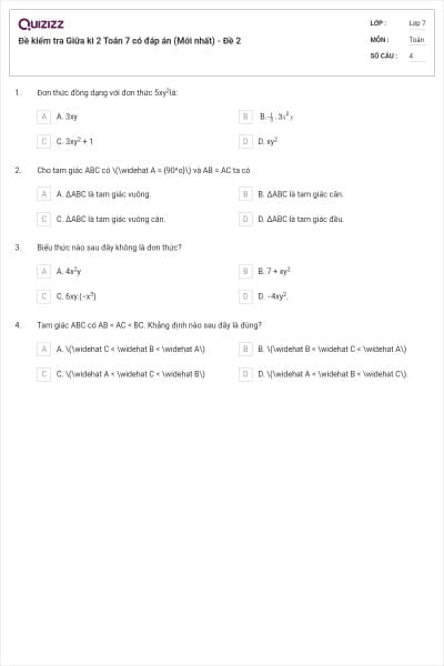 Đề kiểm tra Giữa kì 2 Toán 7 có đáp án (Mới nhất) - Đề 2