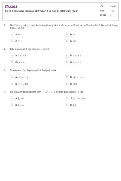 Bộ 10 Đề kiểm tra giữa học kì 2 Toán 10 có đáp án (Mới nhất) (Đề 2)