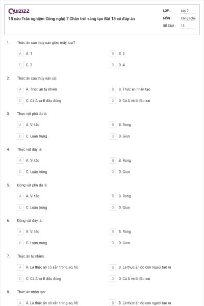 15 câu Trắc nghiệm Công nghệ 7 Chân trời sáng tạo Bài 13 có đáp án