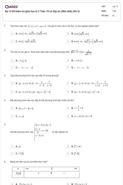 Bộ 10 Đề kiểm tra giữa học kì 2 Toán 10 có đáp án (Mới nhất) (Đề 3)