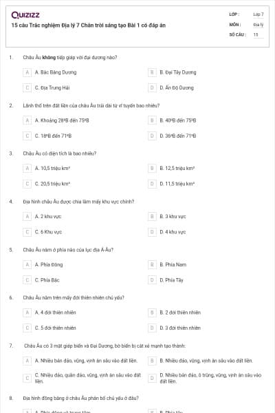 15 câu Trắc nghiệm Địa lý 7 Chân trời sáng tạo Bài 1 có đáp án