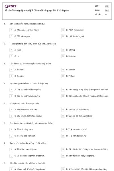 15 câu Trắc nghiệm Địa lý 7 Chân trời sáng tạo Bài 2 có đáp án