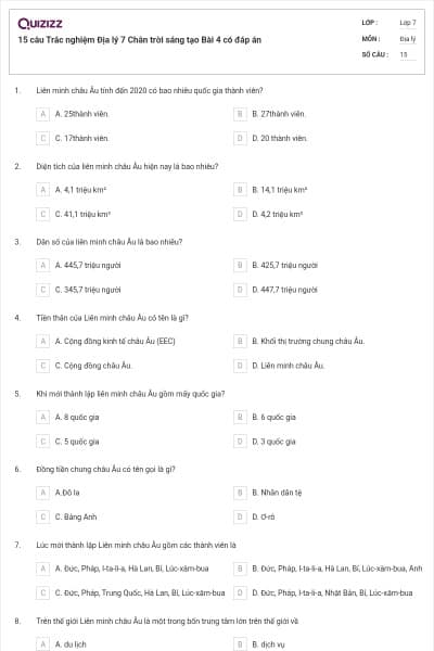 15 câu Trắc nghiệm Địa lý 7 Chân trời sáng tạo Bài 4 có đáp án