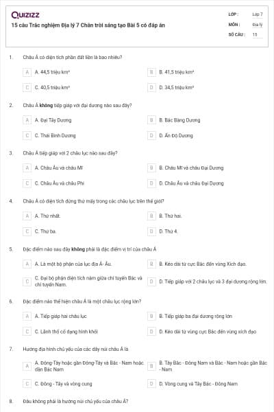 15 câu Trắc nghiệm Địa lý 7 Chân trời sáng tạo Bài 5 có đáp án
