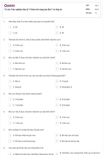 15 câu Trắc nghiệm Địa lý 7 Chân trời sáng tạo Bài 7 có đáp án