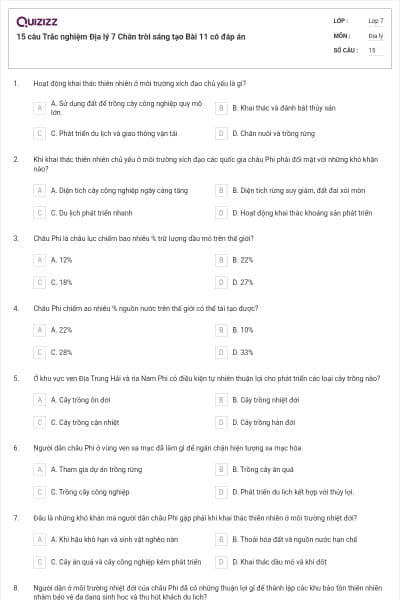 15 câu Trắc nghiệm Địa lý 7 Chân trời sáng tạo Bài 11 có đáp án