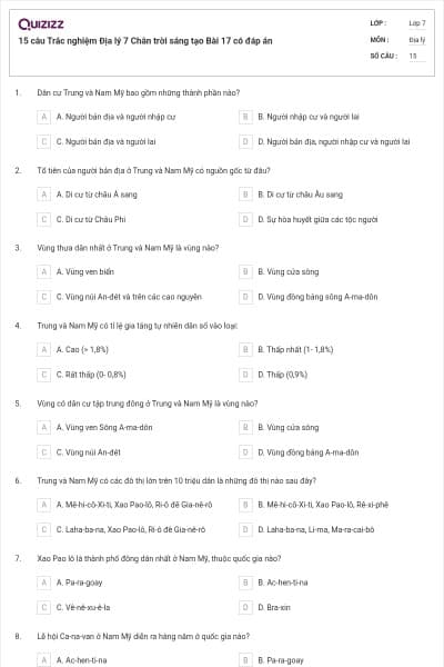 15 câu Trắc nghiệm Địa lý 7 Chân trời sáng tạo Bài 17 có đáp án