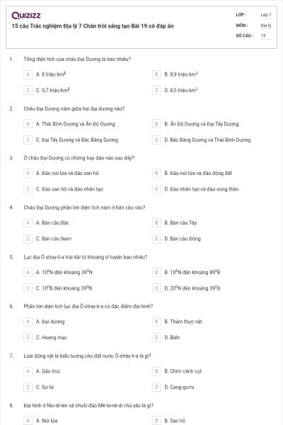 15 câu Trắc nghiệm Địa lý 7 Chân trời sáng tạo Bài 19 có đáp án