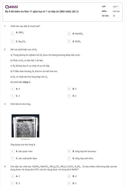 Bộ 8 Đề kiểm tra Hóa 11 giữa học kì 1 có đáp án (Mới nhất) (đề 2)