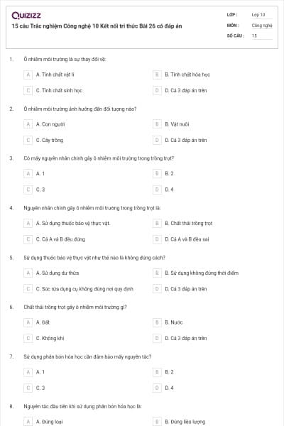 15 câu Trắc nghiệm Công nghệ 10 Kết nối tri thức Bài 26 có đáp án