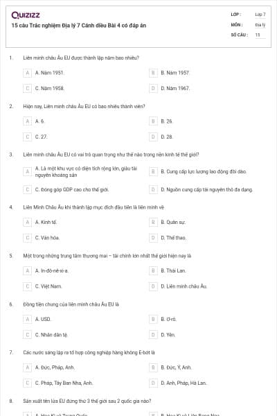 15 câu Trắc nghiệm Địa lý 7 Cánh diều Bài 4 có đáp án