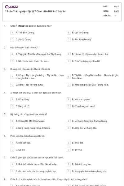 15 câu Trắc nghiệm Địa lý 7 Cánh diều Bài 5 có đáp án