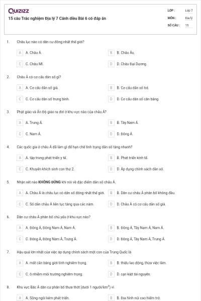 15 câu Trắc nghiệm Địa lý 7 Cánh diều Bài 6 có đáp án