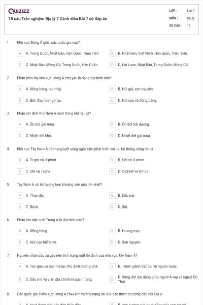 15 câu Trắc nghiệm Địa lý 7 Cánh diều Bài 7 có đáp án