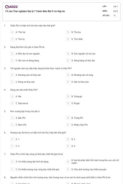 15 câu Trắc nghiệm Địa lý 7 Cánh diều Bài 9 có đáp án