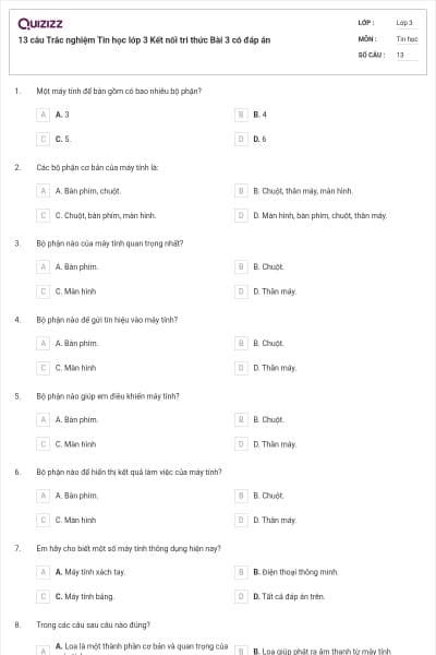 13 câu Trắc nghiệm Tin học lớp 3 Kết nối tri thức Bài 3 có đáp án