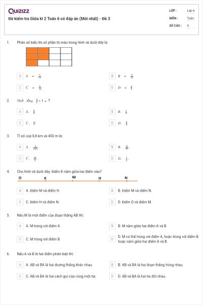 Đề kiểm tra Giữa kì 2 Toán 6 có đáp án (Mới nhất) - Đề 3