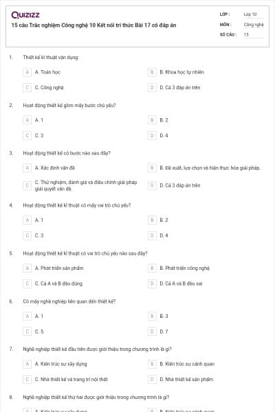 15 câu Trắc nghiệm Công nghệ 10 Kết nối tri thức Bài 17  có đáp án