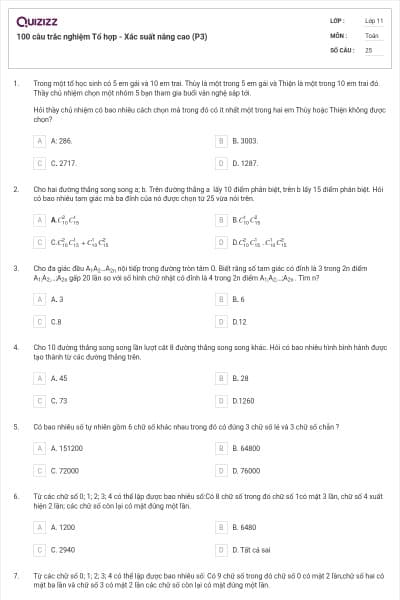 100 câu trắc nghiệm Tổ hợp - Xác suất nâng cao (P3)