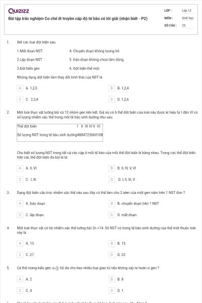 Bài tập trắc nghiệm Cơ chế di truyền cấp độ tế bào có lời giải (nhận biết - P2)