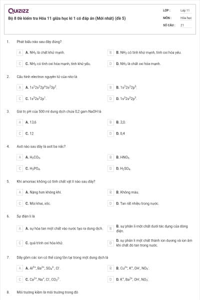 Bộ 8 Đề kiểm tra Hóa 11 giữa học kì 1 có đáp án (Mới nhất) (đề 5)