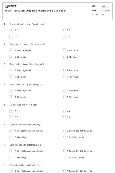 15 câu Trắc nghiệm Công nghệ 7 Cánh diều Bài 2 có đáp án