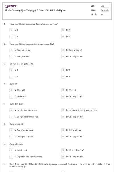 15 câu Trắc nghiệm Công nghệ 7 Cánh diều Bài 4 có đáp án