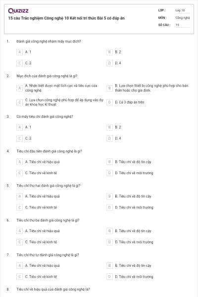 15 câu Trắc nghiệm Công nghệ 10 Kết nối tri thức Bài 5 có đáp án