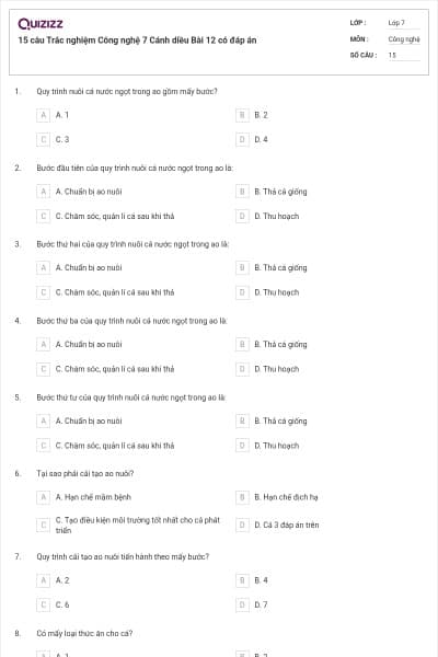 15 câu Trắc nghiệm Công nghệ 7 Cánh diều Bài 12 có đáp án