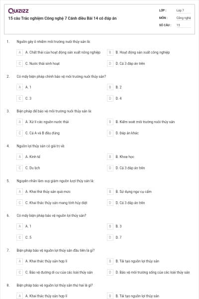 15 câu Trắc nghiệm Công nghệ 7 Cánh diều Bài 14 có đáp án