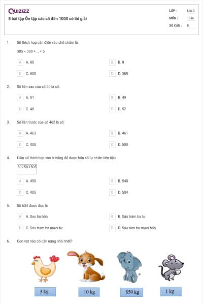 8 bài tập Ôn tập các số đến 1000 có lời giải
