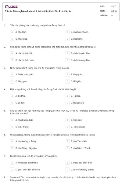 15 câu Trắc nghiệm Lịch sử 7 Kết nối tri thức Bài 4 có đáp án