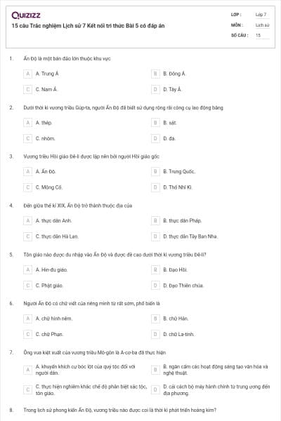 15 câu Trắc nghiệm Lịch sử 7 Kết nối tri thức Bài 5 có đáp án