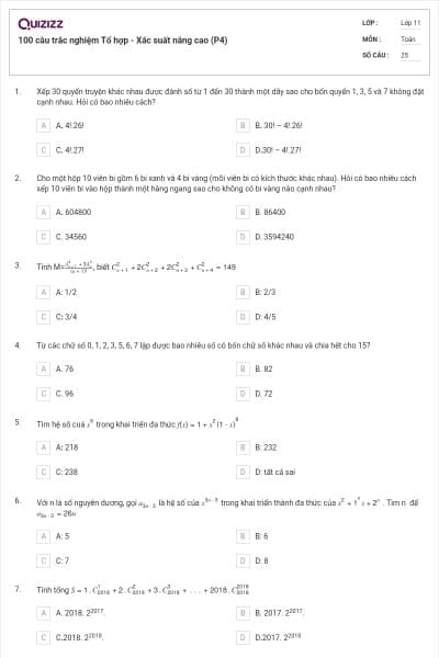 100 câu trắc nghiệm Tổ hợp - Xác suất nâng cao (P4)