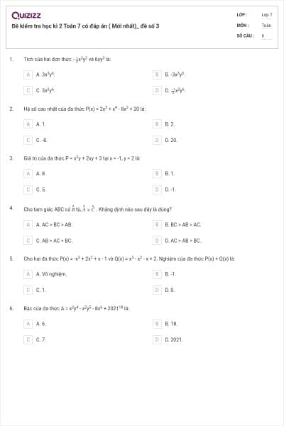 Đề kiểm tra học kì 2 Toán 7 có đáp án ( Mới nhất)_ đề số 3